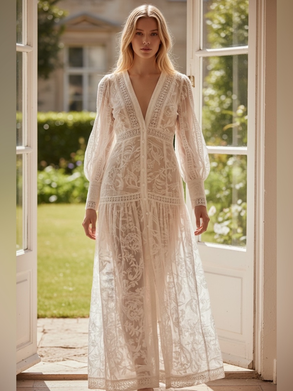 Stunning Ivory Boho Lace Embroidered Maxi Dress | Long Sleeve | Cottagecore